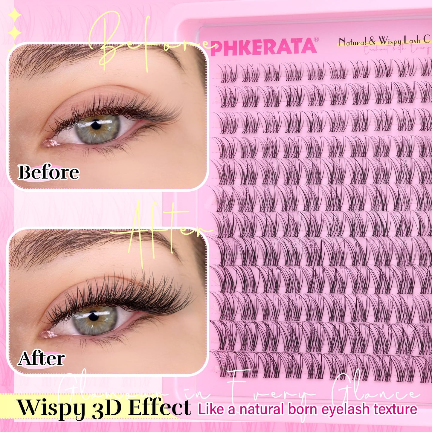 PHKERATA Natural Lash Clusters Invisible Band Eyelash Clusters Wispy Lashes Clusters 120 pcs C Curvature Cluster Eyelash Extensions DIY Thin Clear Beauty and Personal Care PHKERATA
