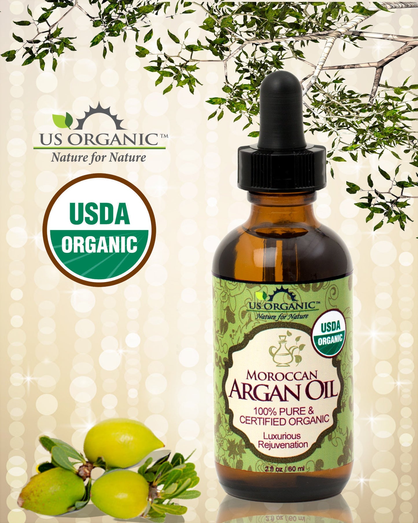 US Organic Moroccan Argan Oil, USDA Certified Organic,100% Pure & Natural, Cold Pressed Virgin, Unrefined, 2 Oz in Amber Glass Bottle, for Hair Beauty and Personal Care US Organic