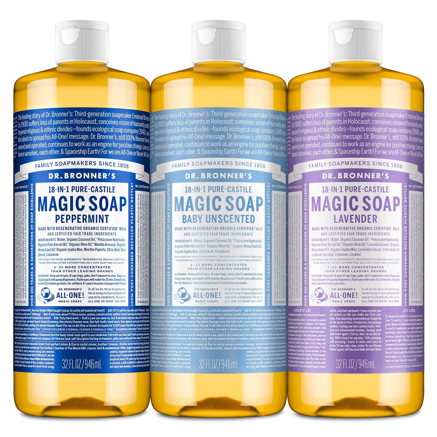 Dr. Bronner's Pure-Castile Magic Liquid Soap Made with Regenerative Organic Oils, Vegan, Concentrated, Body Wash- For Face, Hair, Laundry - 32oz
