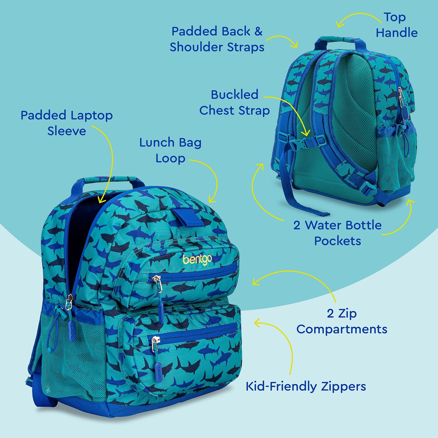 Bentgo Kids Backpack - Lightweight 14” Backpack in Fun Prints for School, Travel, & Daycare, Ideal for Ages 4+, Roomy Interior, Durable & Water-Resistant Fabric, & Loop for Lunch Bag (Shark)