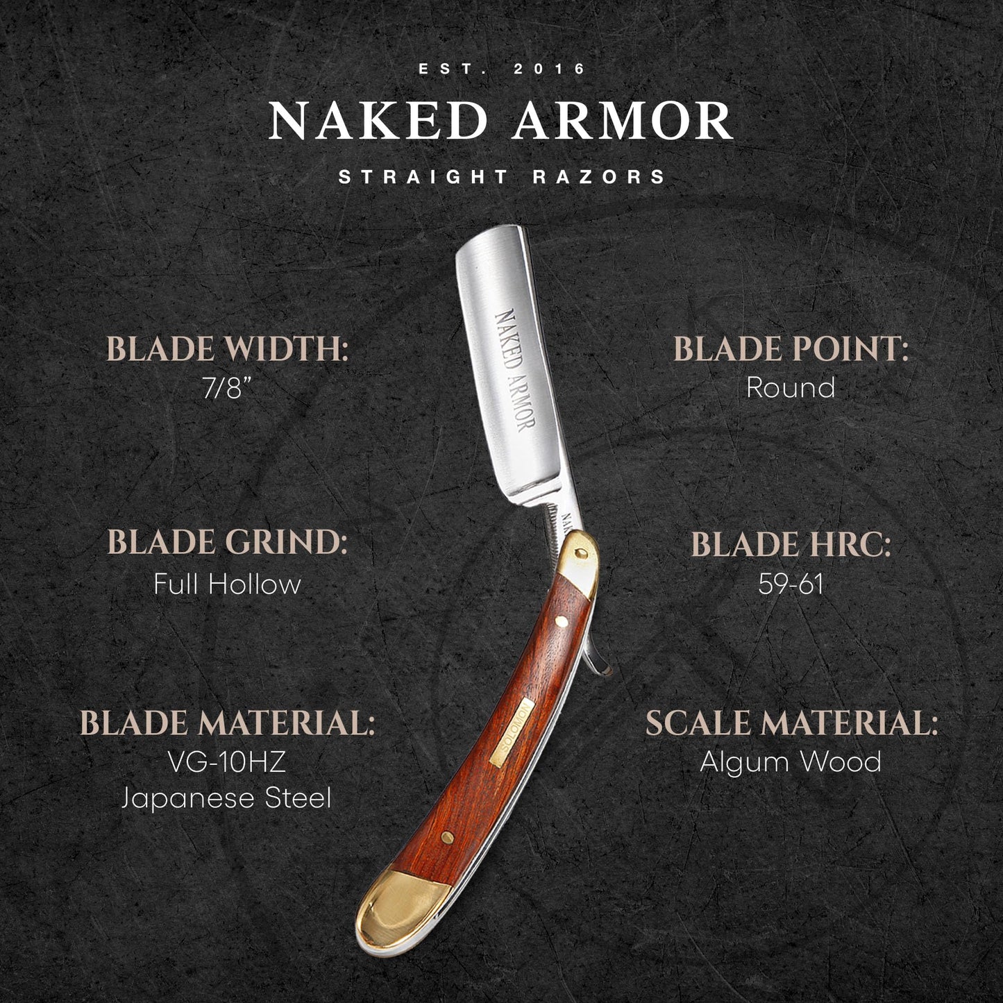 Naked Armor Solomon Straight Razor - Shave Ready 7/8" Round Nose Japanese Steel Straight Razors for Men with Algum Wood Scale, Case Included, Close Beauty and Personal Care Naked Armor