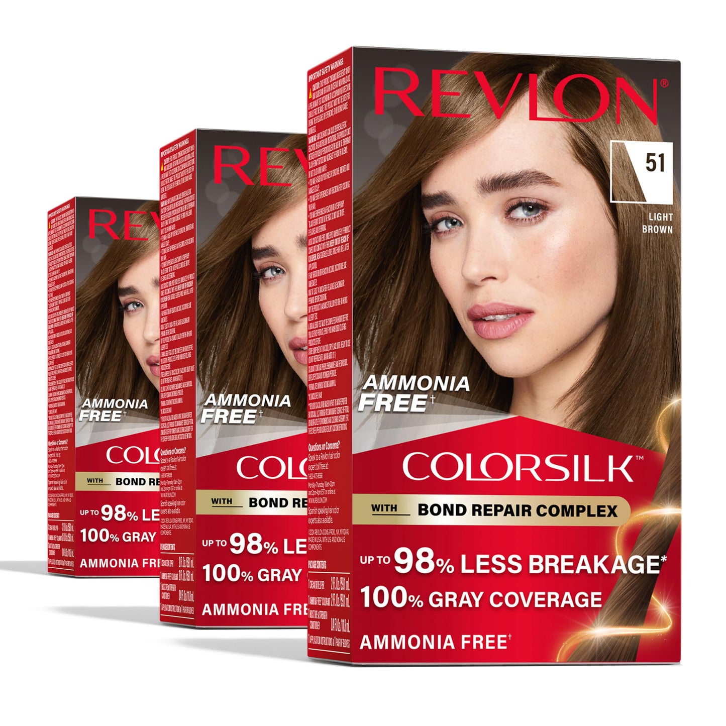 Revlon ColorSilk with Bond Repair Complex, Brown Permanent Hair Color, 100% Gray Coverage, Ammonia Free Hair Dye, Vegan Keratin, 51 Light Brown (Pack
