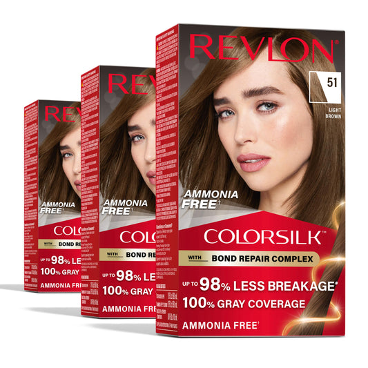 Revlon ColorSilk with Bond Repair Complex, Brown Permanent Hair Color, 100% Gray Coverage, Ammonia Free Hair Dye, Vegan Keratin, 51 Light Brown (Pack