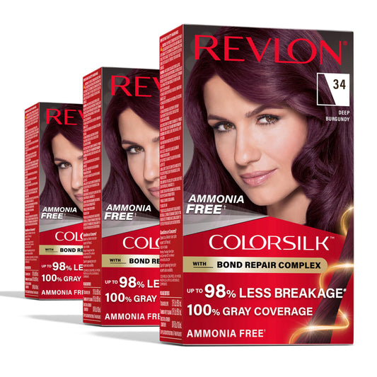 Revlon ColorSilk with Bond Repair Complex, Burgundy Permanent Hair Color, 100% Gray Coverage, Ammonia Free Hair Dye, Vegan Keratin, 34 Deep Burgundy