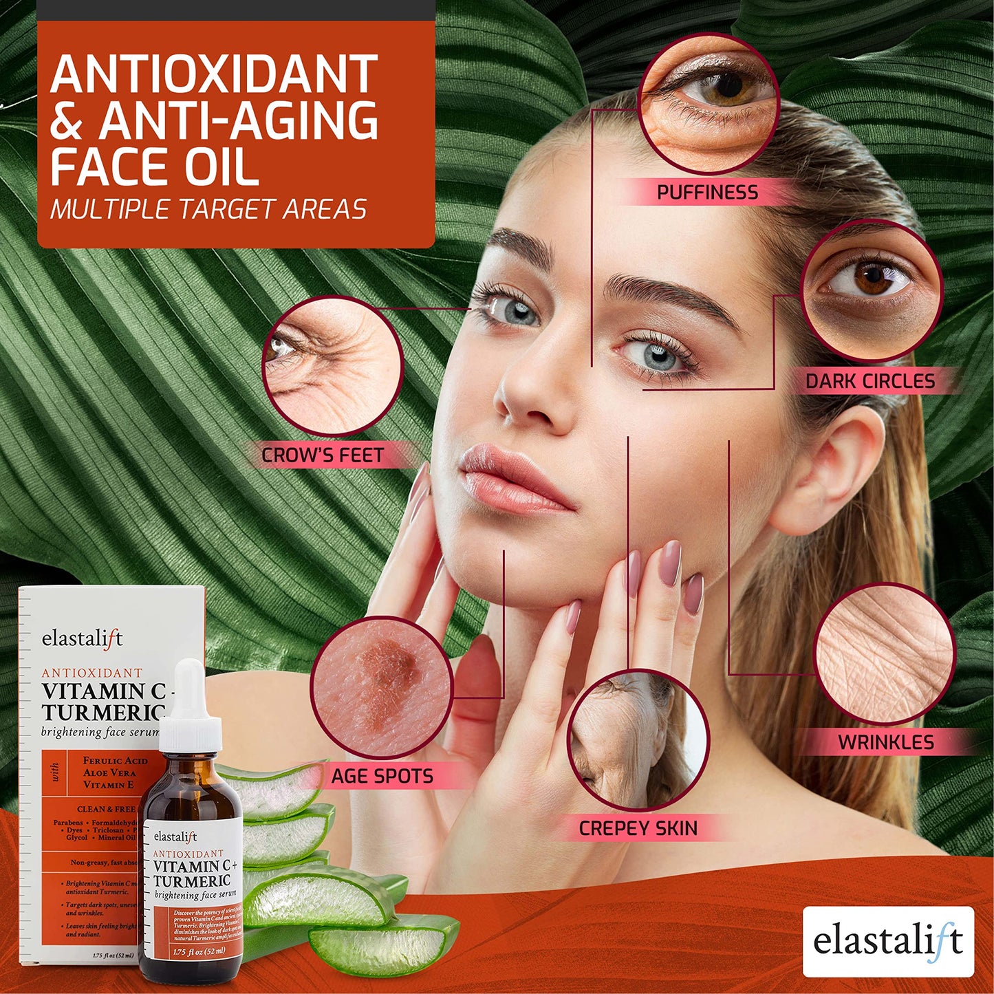 Elastalift Concentrated Vitamin C + Turmeric Oil Anti Aging Facial Serum Skin Care Booster - Promote Clear & Brighten Skin Tone - Hydrate Dry Skin