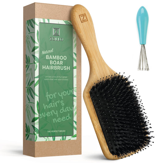 Natural Boar Bristle Hair Brush for Women, Men, Kids; Dry and Wet Detangling Hair Brush Gently Enhances Shine, Smooths Frizz and Prevents Breakage