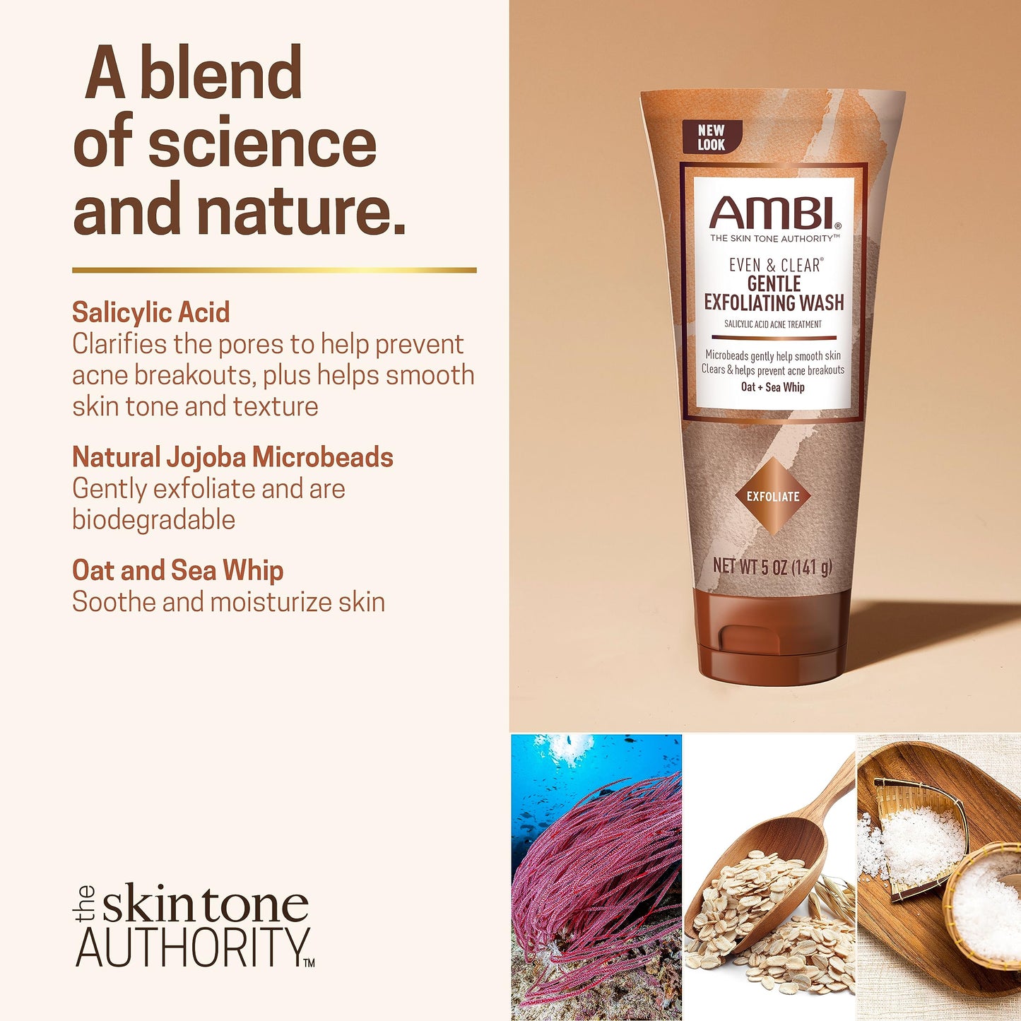 Ambi Even & Clear Gentle Exfoliating Wash with Oat and Sea Whip, Salicylic Acid Acne Treatment, Helps Clear & Prevent Breakouts, Exfoliates to Help