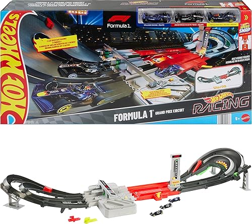 Hot Wheels Toy Car Track Set, Formula 1 Grand Prix Circuit Track Set with 3 1:64 Scale Die-Cast Toy Cars, Two Modes of Racing with a Motorized Booster