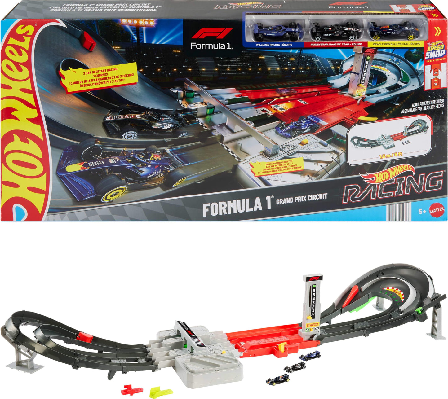 Hot Wheels Toy Car Track Set, Formula 1 Grand Prix Circuit Track Set with 3 1:64 Scale Die-Cast Toy Cars, Two Modes of Racing with a Motorized Booster