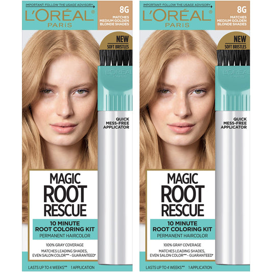 L'Oreal Paris Magic Root Rescue 10 Minute Root Hair Coloring Kit, Permanent Hair Color with Quick Precision Applicator, 100% Gray Coverage, 8G Medium