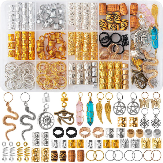 200pcs Hair Beads Jewelry, Dreadlocks Gem Crystal Charms, Metal Coils Rings, Gold And Silver Pendants,Braid Cuffs,Clips,Loc Tube Bead Braid