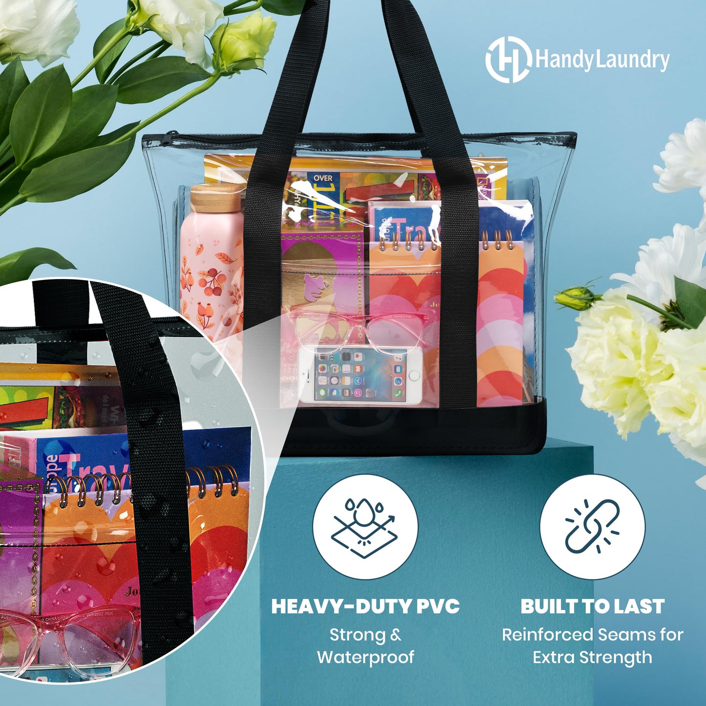 Handy Laundry Clear Tote Bag - Zipper Closure, Long Shoulder Strap, Fabric Trimming. (Black)