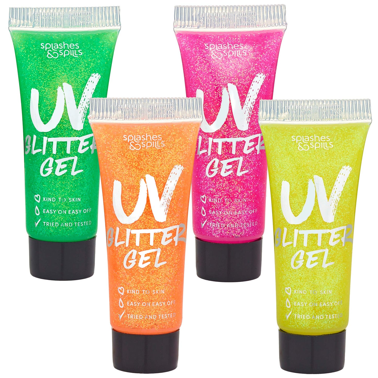 UV Glitter Body Paint Gel - 4 Colors Cosmetic Set for Girls, Women, Adults - 10 ml Tubes with Glowing Effect - Perfect for Dress Up, Festival, Costume