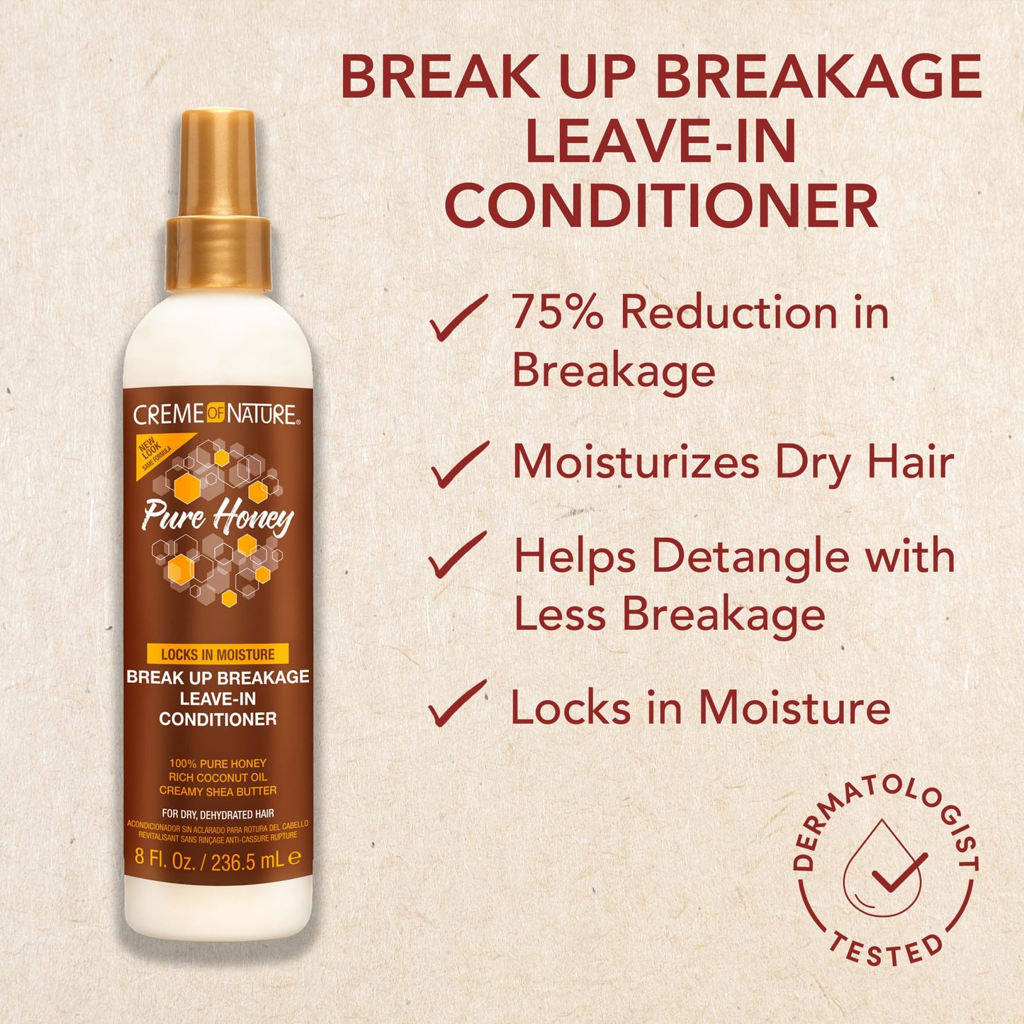 Creme of Nature Pure Honey Leave-In Conditioner, Moisture-Rich Detangler for Dry, Damaged Hair, With Coconut Oil & Shea Butter, Sulfate-Free Formula