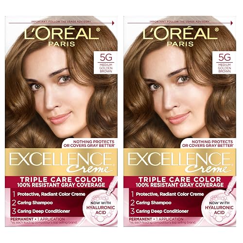 L'Oreal Paris Excellence Crème Permanent Hair Dye, Triple Care Hair Color with Hyaluronic Acid for 100% Gray Coverage, 5G Medium Golden Brown, 1 Kit