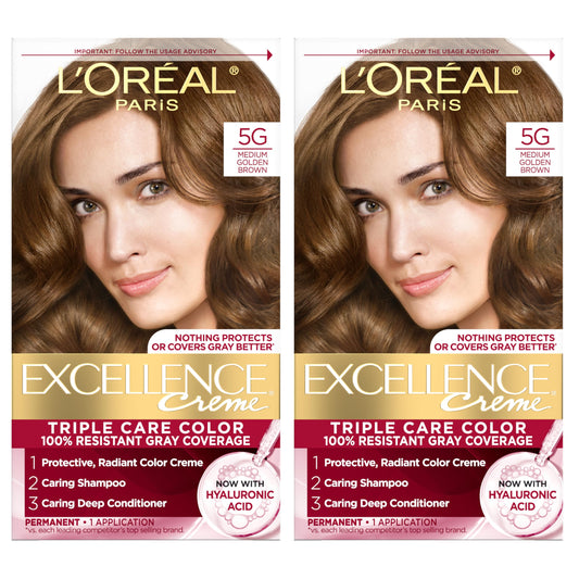 L'Oreal Paris Excellence Crème Permanent Hair Dye, Triple Care Hair Color with Hyaluronic Acid for 100% Gray Coverage, 5G Medium Golden Brown, 1 Kit