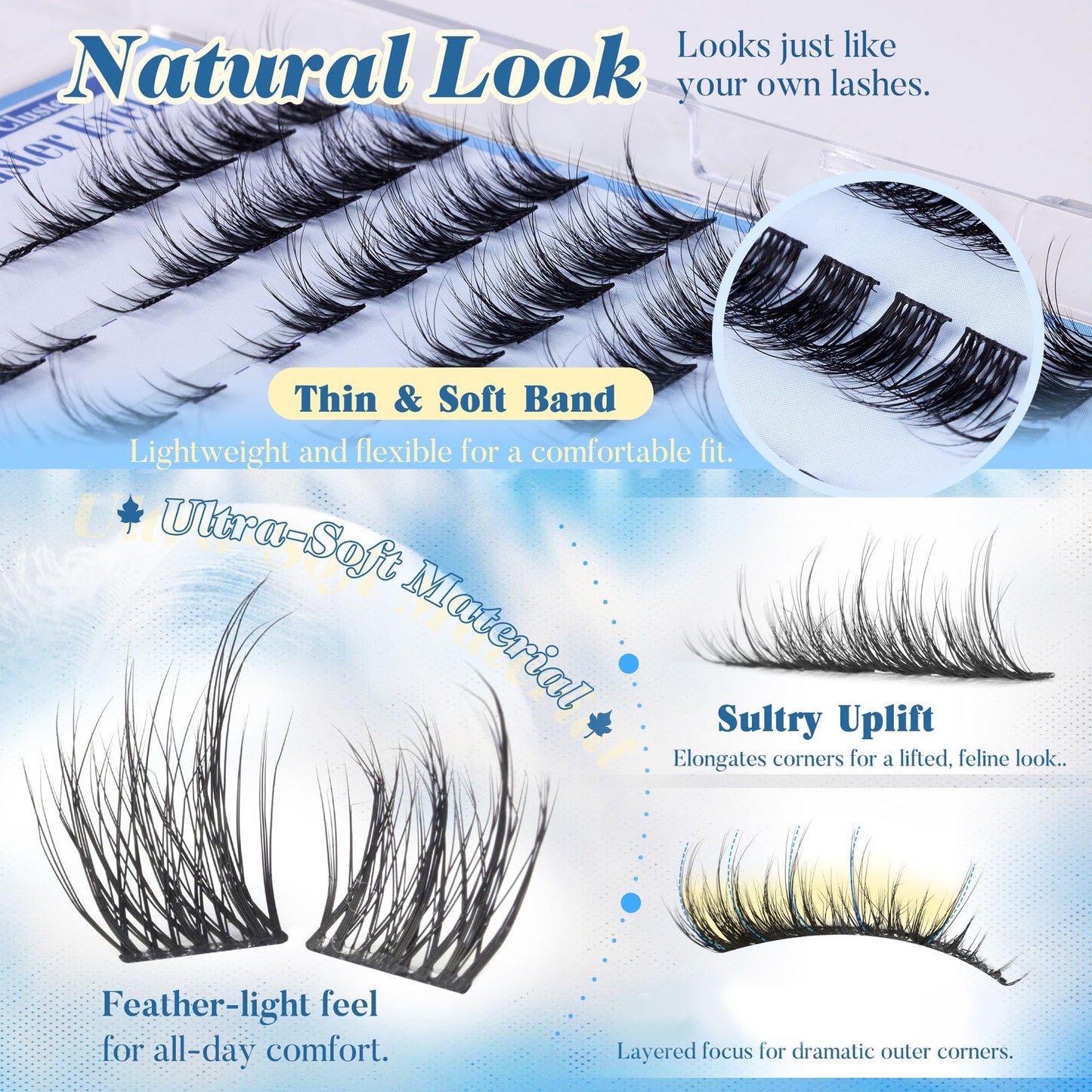 Natural Lash Clusters Kit Cat Eye Wispy DIY Lash Extension Kit Wispy Clusters Eyelash Extension Kit Thin Lash Band Individual Lashes Lash Bond Beauty and Personal Care FANXITON