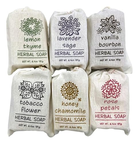 Greenwich Bay Trading Co. Herbal Bar Soap Set, 6 Scents, 6.4 Oz Each - Lemon Thyme, Lavender Sage, Vanilla Bourbon, Tobacco Flower, Honey Chamomile