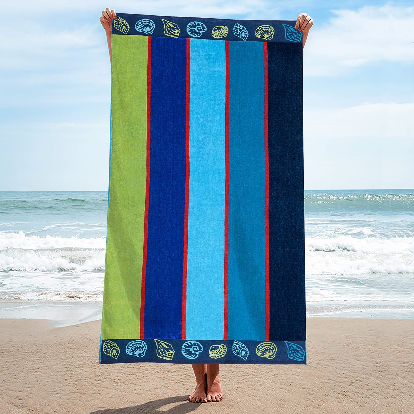 Superior 100% Cotton Luxury Beach Towels - Oversized Beach Towel, Swim Towel, Seashell Stripe (34" x 64")