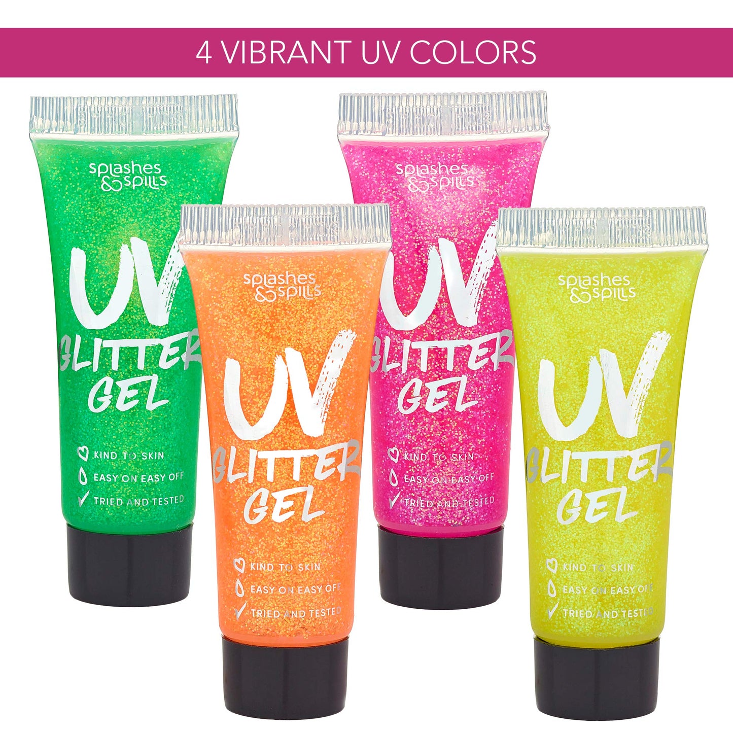 UV Glitter Body Paint Gel - 4 Colors Cosmetic Set for Girls, Women, Adults - 10 ml Tubes with Glowing Effect - Perfect for Dress Up, Festival, Costume