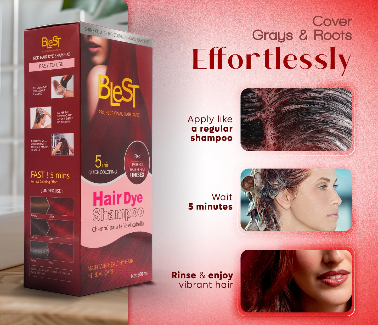 BLEST PROFESSIONAL HAIR CARE Hair Dye 2-in-1 Shampoo Color for Quick Gray Coverage - Semi Permanent Hair Color for Men and Women - 500ml (Red)