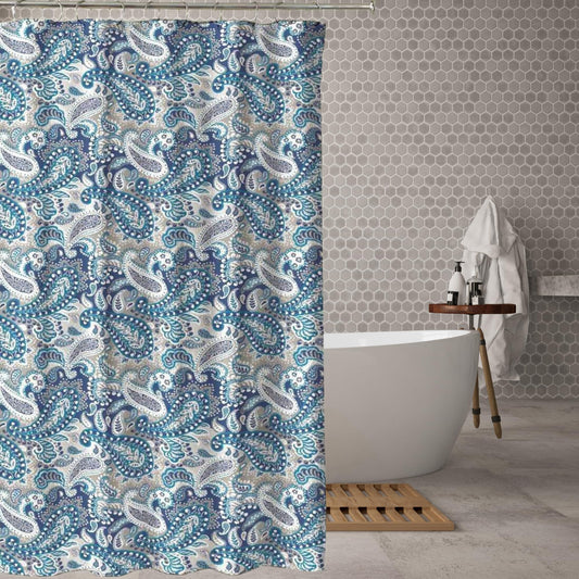 Home Decor Paisley Fabric Shower Curtain: Marine Navy Blue Taupe Beige White