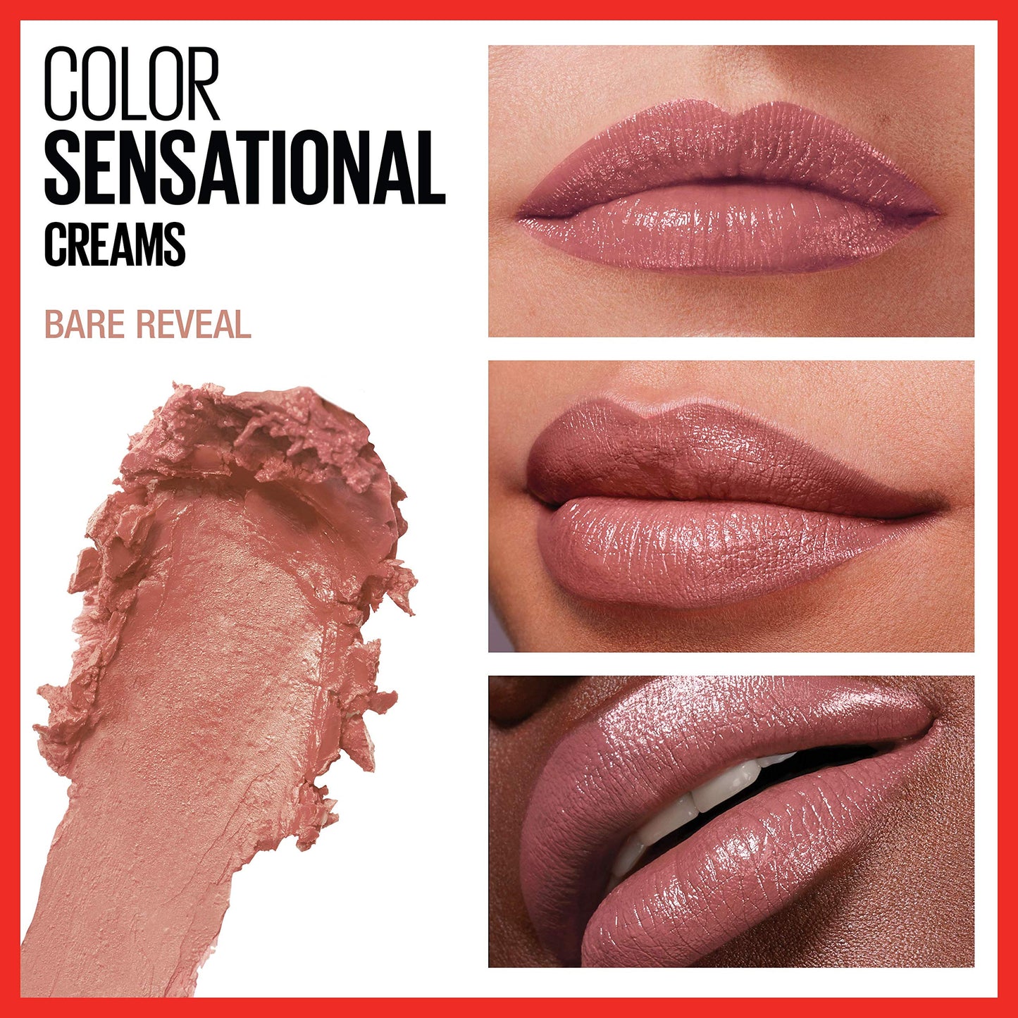 Maybelline Color Sensational Lipstick, Lip Makeup, Cream Finish, Hydrating Lipstick, Nude, Pink, Red, Plum Lip Color, Bare Reveal, 0.15 oz; (Packaging