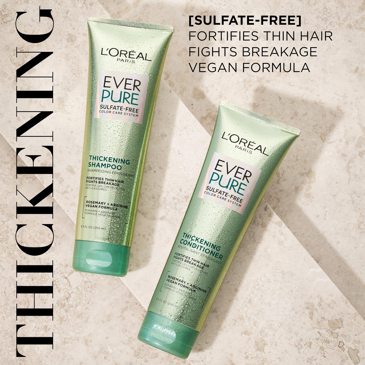 L'Oreal Paris Thickening Sulfate Free Shampoo, Thickens + Strengthens Thin, Fragile Hair, Hair Care with Rosemary Leaf, EverPure, 8.5 Fl Oz (Packaging
