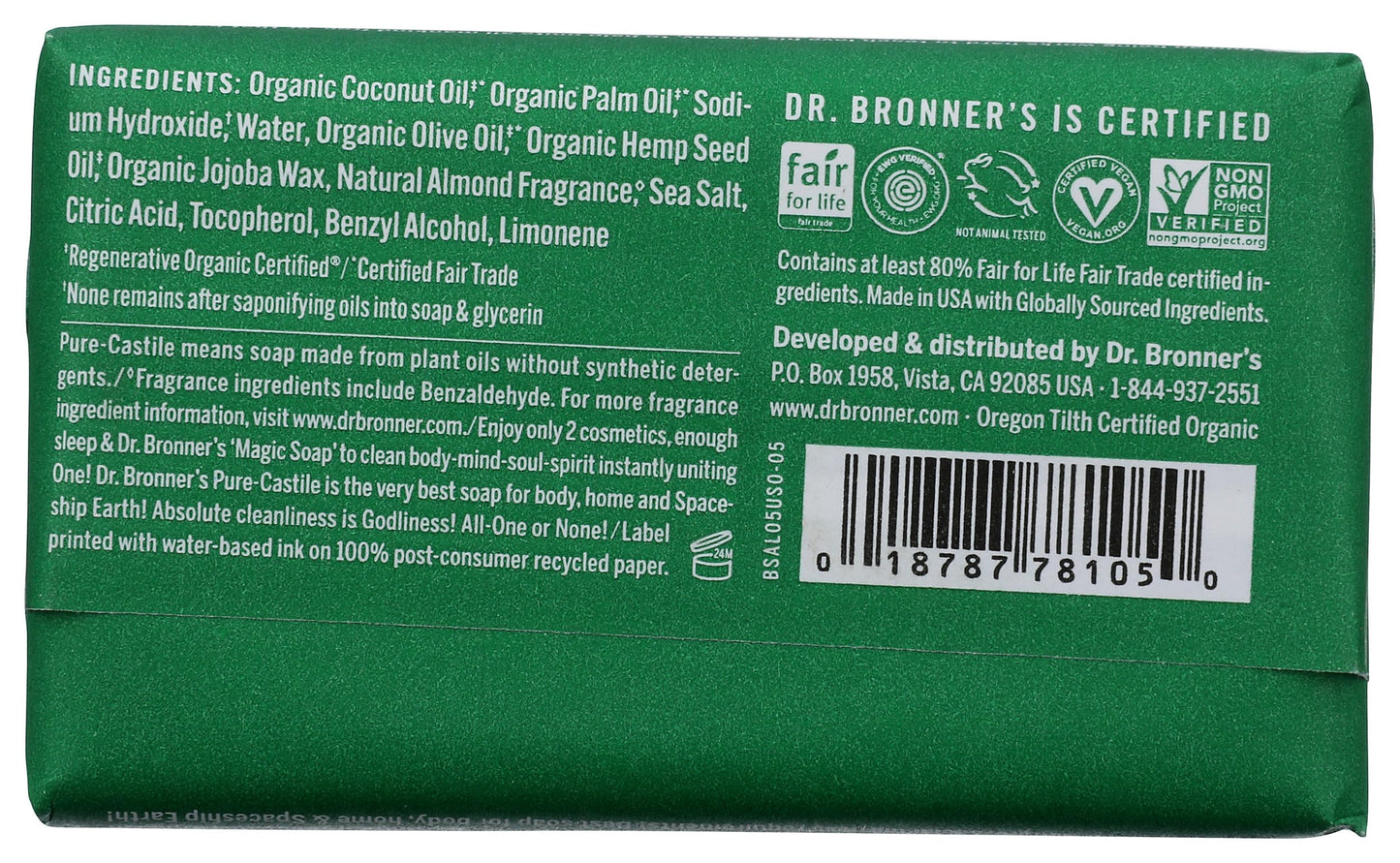 Dr. Bronners Almond Castile Bar Soap, 5 OZ