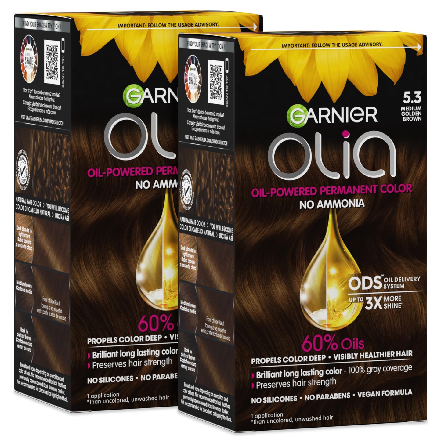Garnier Olia Hair Color, Ammonia-Free Permanent Hair Dye, Oil-Powered Formula for 100% Gray Coverage and 3x Shinier Hair, Vegan & Cruelty Free, 5.3