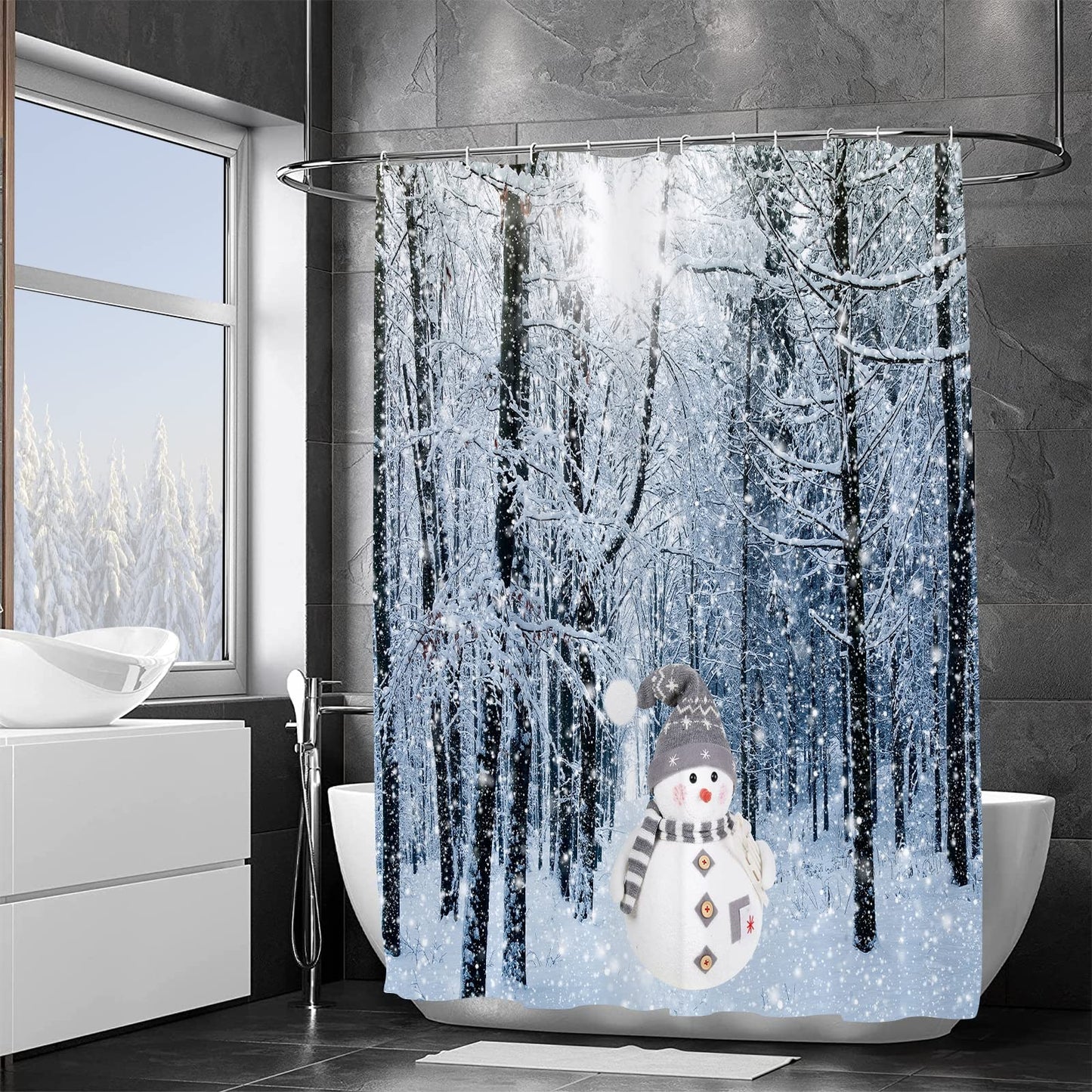 Jbralid Winter Forest Shower Curtain Snow Covered Forest Trees Pathway Nature Scene Shower Curtains for Bathroom Christmas Snowman Waterproof Fabric…