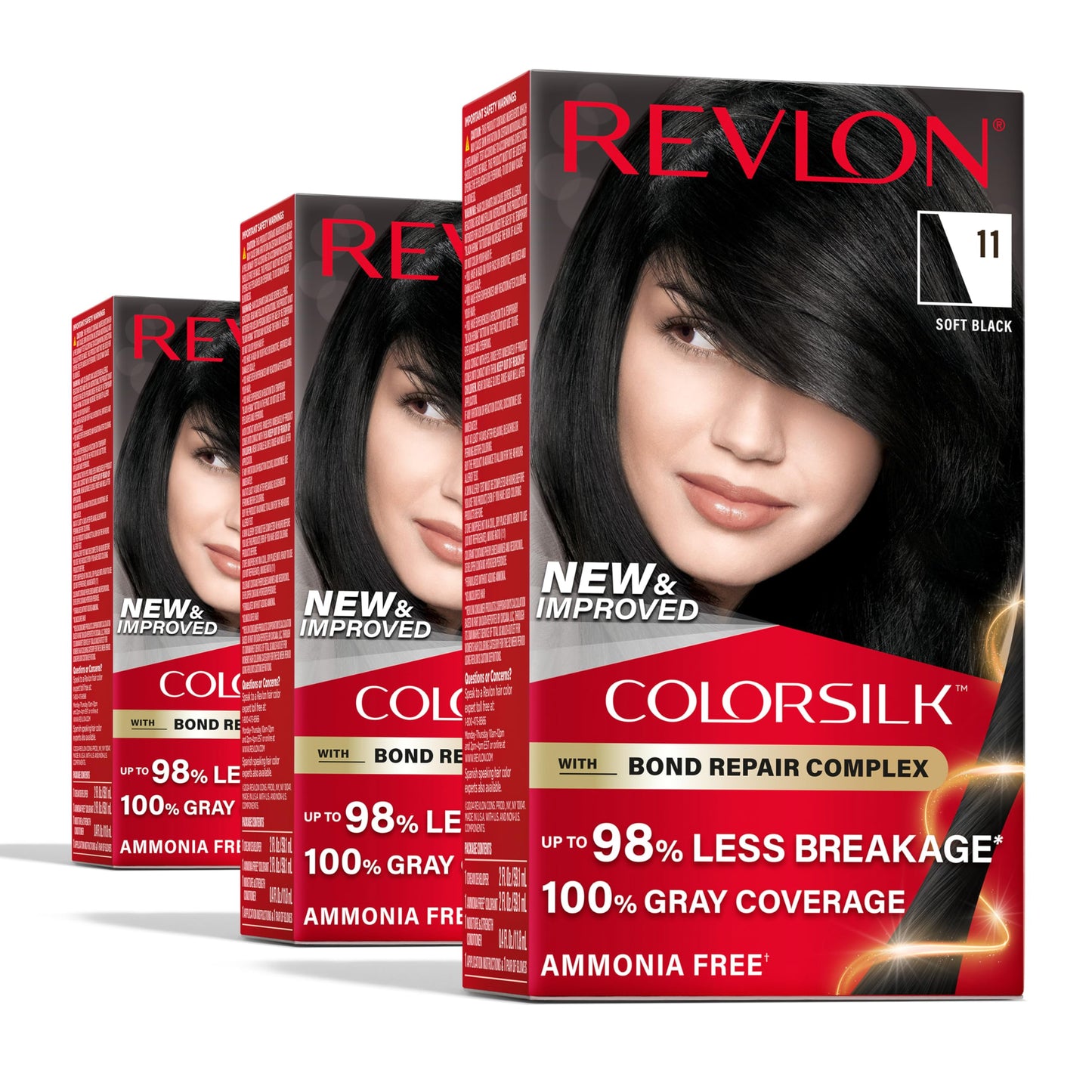 Revlon ColorSilk with Bond Repair Complex, Black Permanent Hair Color, 100% Gray Coverage, Ammonia Free Hair Dye, Vegan Keratin, 11 Soft Black (Pack