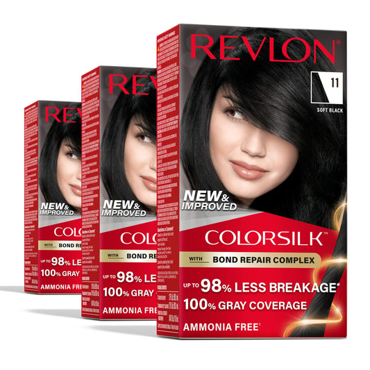 Revlon ColorSilk with Bond Repair Complex, Black Permanent Hair Color, 100% Gray Coverage, Ammonia Free Hair Dye, Vegan Keratin, 11 Soft Black (Pack