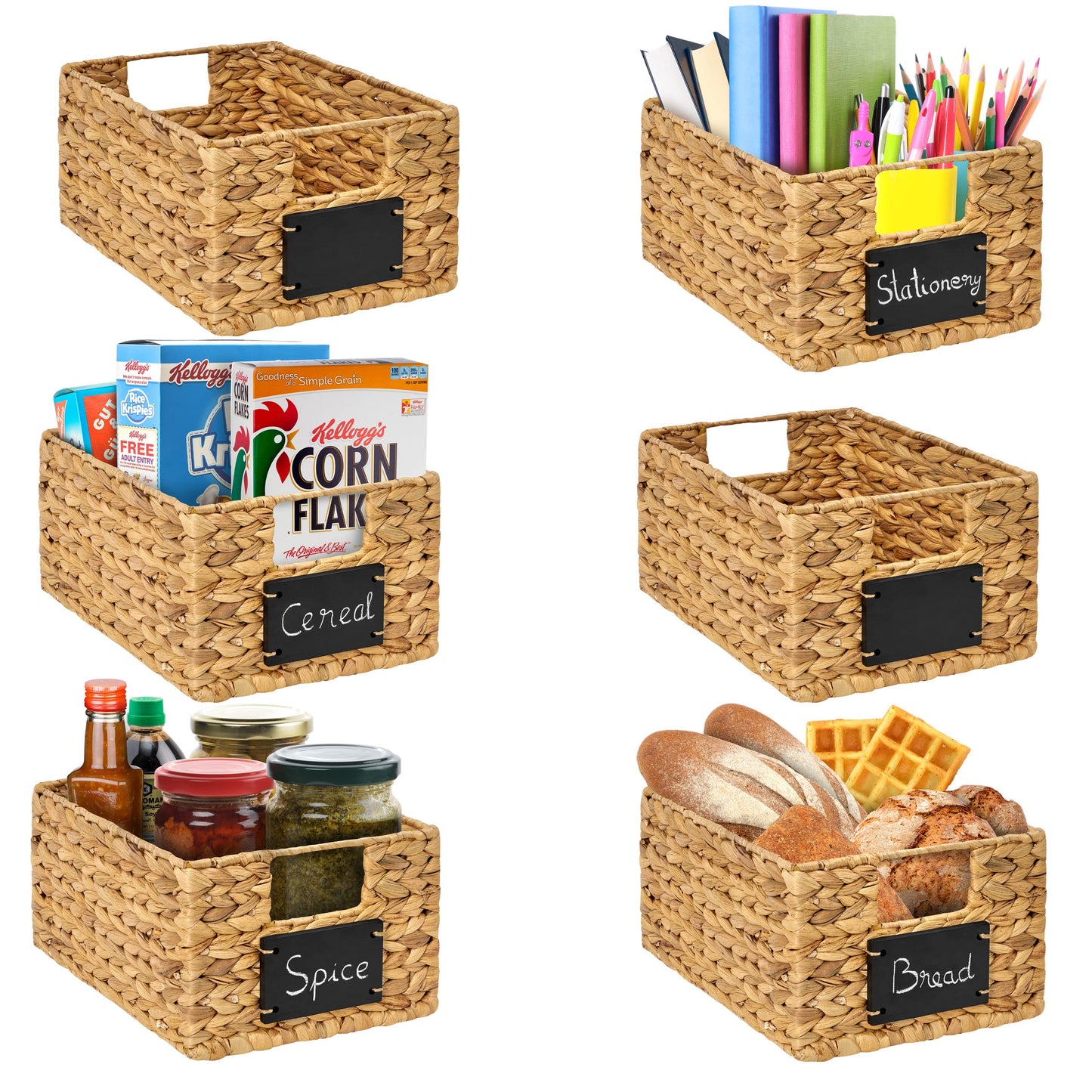 BARIEN 6 Pcs 12" x 9" x 6" Natural Water Hyacinth Woven Storage Baskets, Rectangular Wicker Basket with Built-in Handles, Woven Cube Storage Bin…
