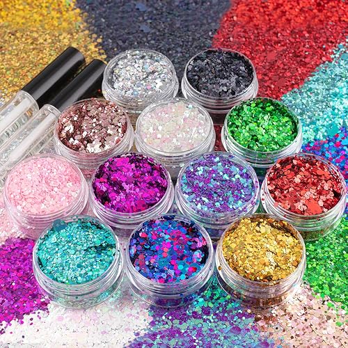 12 Colors of Holographic Chunky Glitter with Quick Dry Glue, 12 Pots Total 120g Multi-Shaped for Body Hair Face Eyes Make-up, Nail Art and Bedazzling