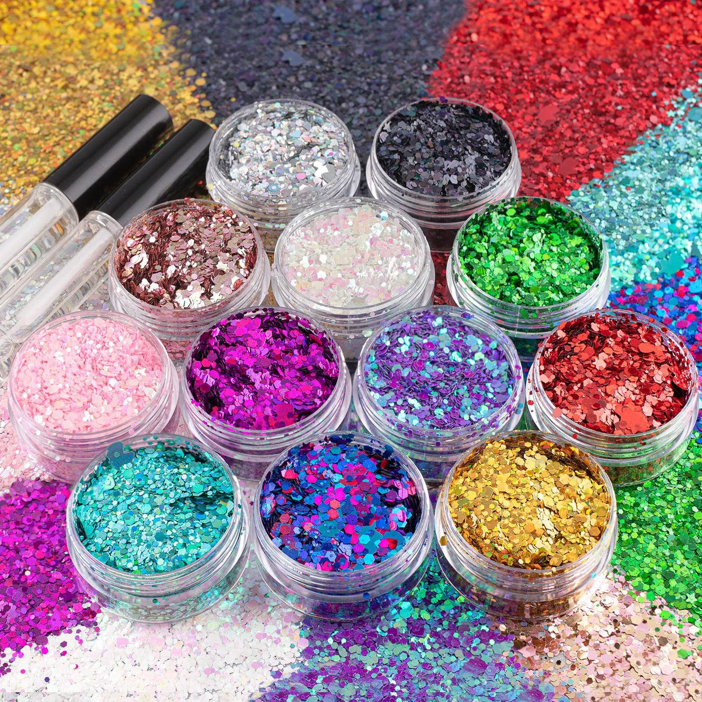 12 Colors of Holographic Chunky Glitter with Quick Dry Glue, 12 Pots Total 120g Multi-Shaped for Body Hair Face Eyes Make-up, Nail Art and Bedazzling