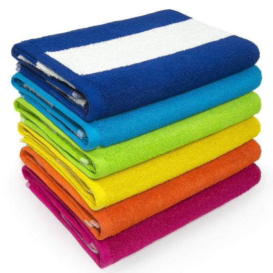 Cabana Beach and Pool Towel 6 Pack - 30in x 60in - Soft and Absorbent Eco-Friendly Terry Loop (Royal, Turquoise, Green, Yellow, Orange and Pink, 06…