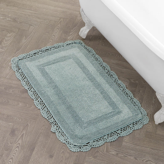 Laura Ashley Absorbent Bath Mat Reversible Crochet Soft and Plush Bathroom Mat 100% Cotton 24x40 Bath Rug, Aqua Blue