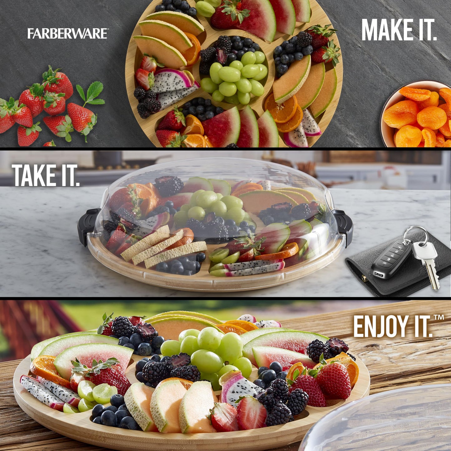 FARBERWARE Build-a-Board Cutting Board with Five Compartments and Clear Locking Lid for Charcuterie, Snacks, and More, Bamboo