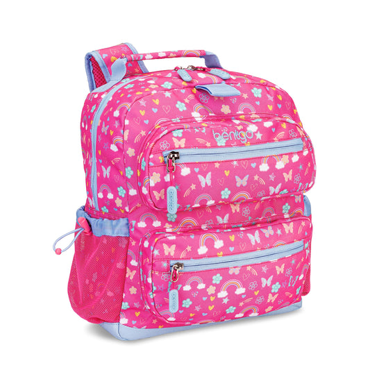 Bentgo Kids Backpack - Lightweight 14” Backpack in Fun Prints for School, Travel, & Daycare, Ideal for Ages 4+, Roomy Interior, Durable & Water-Resistant Fabric, & Loop for Lunch Bag (Rainbows)