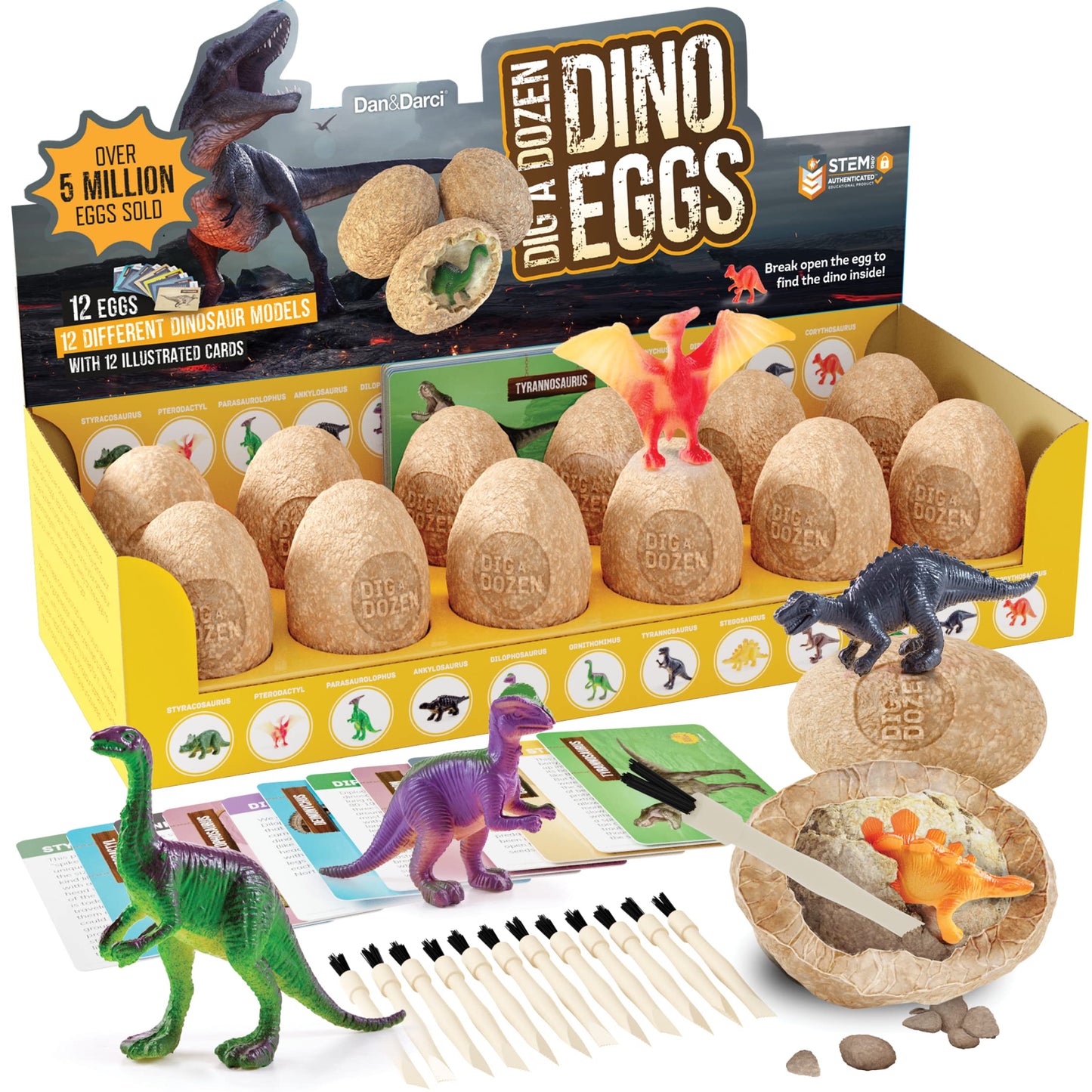 Dan&Darci Dig a Dozen Dino Egg Kit – Dinosaur Toys for Kids Ages 3-12, 12 Surprise Dino Eggs, STEM Science Activity & Party Gift