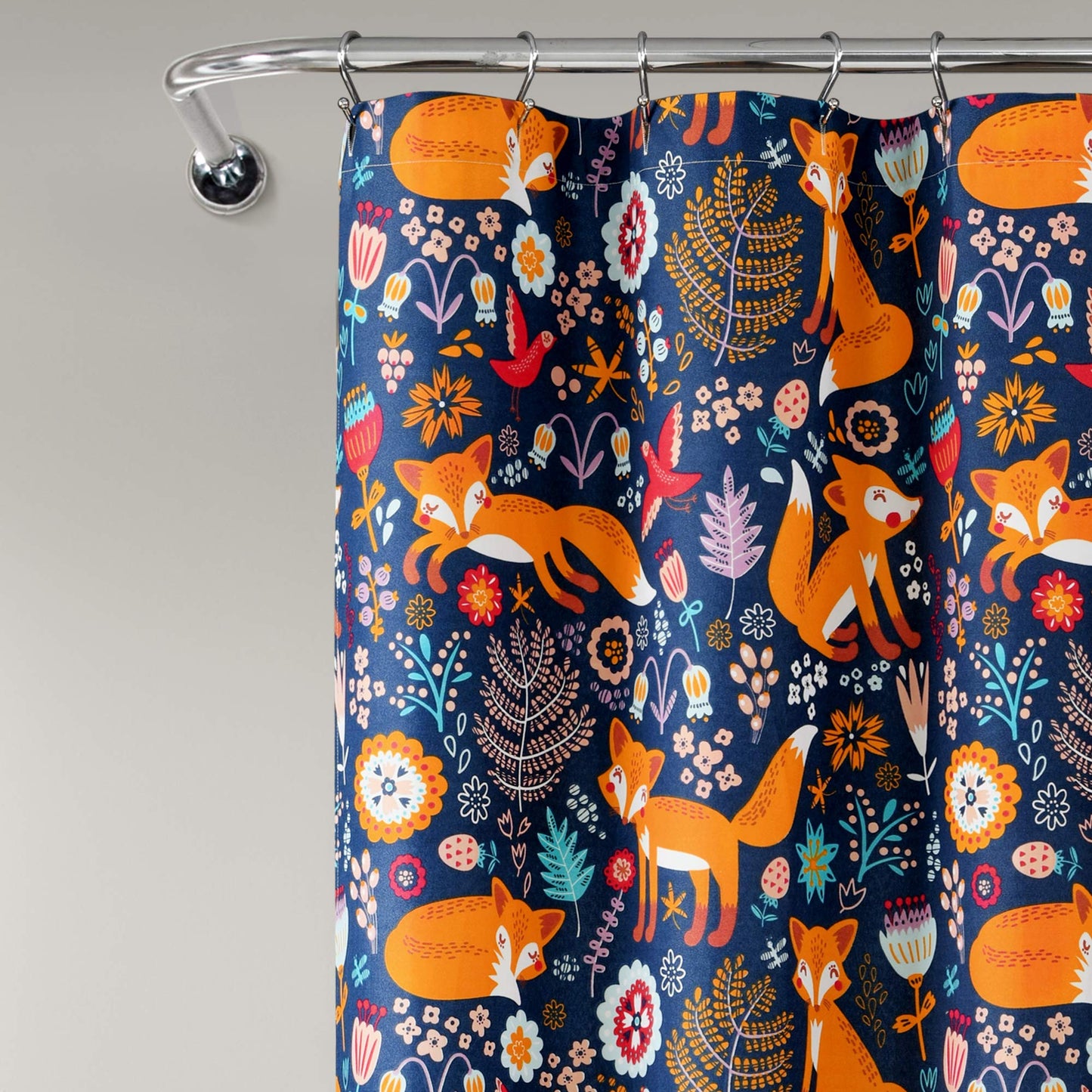Lush Decor Pixie Fox Shower Curtain, 72" W x 72" L, Navy - Navy Shower Curtain - Fun Kids Floral & Animal Bathroom Decor