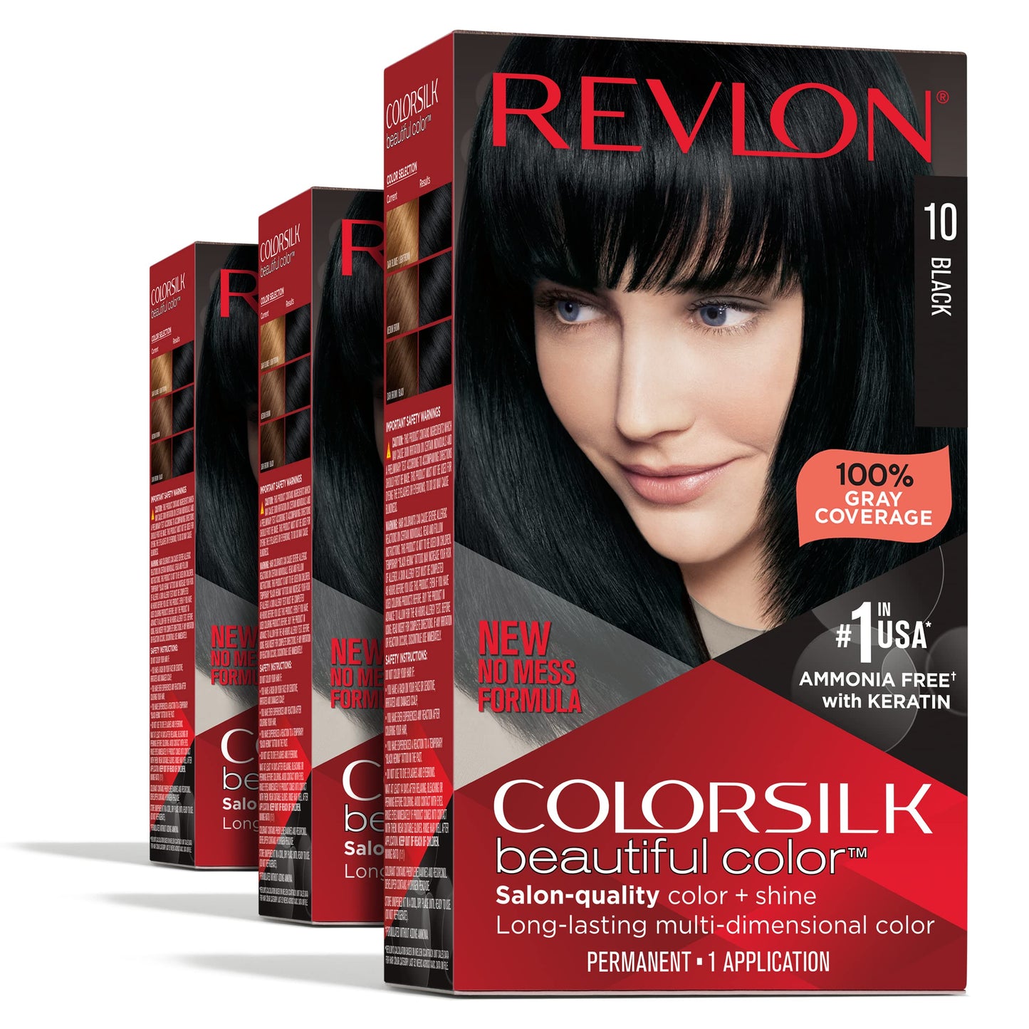 Revlon Permanent Hair Color, Permanent Hair Dye, Colorsilk with 100% Gray Coverage, Ammonia-Free, Keratin and Amino Acids, 10 Black, 4.4 Oz (Pack