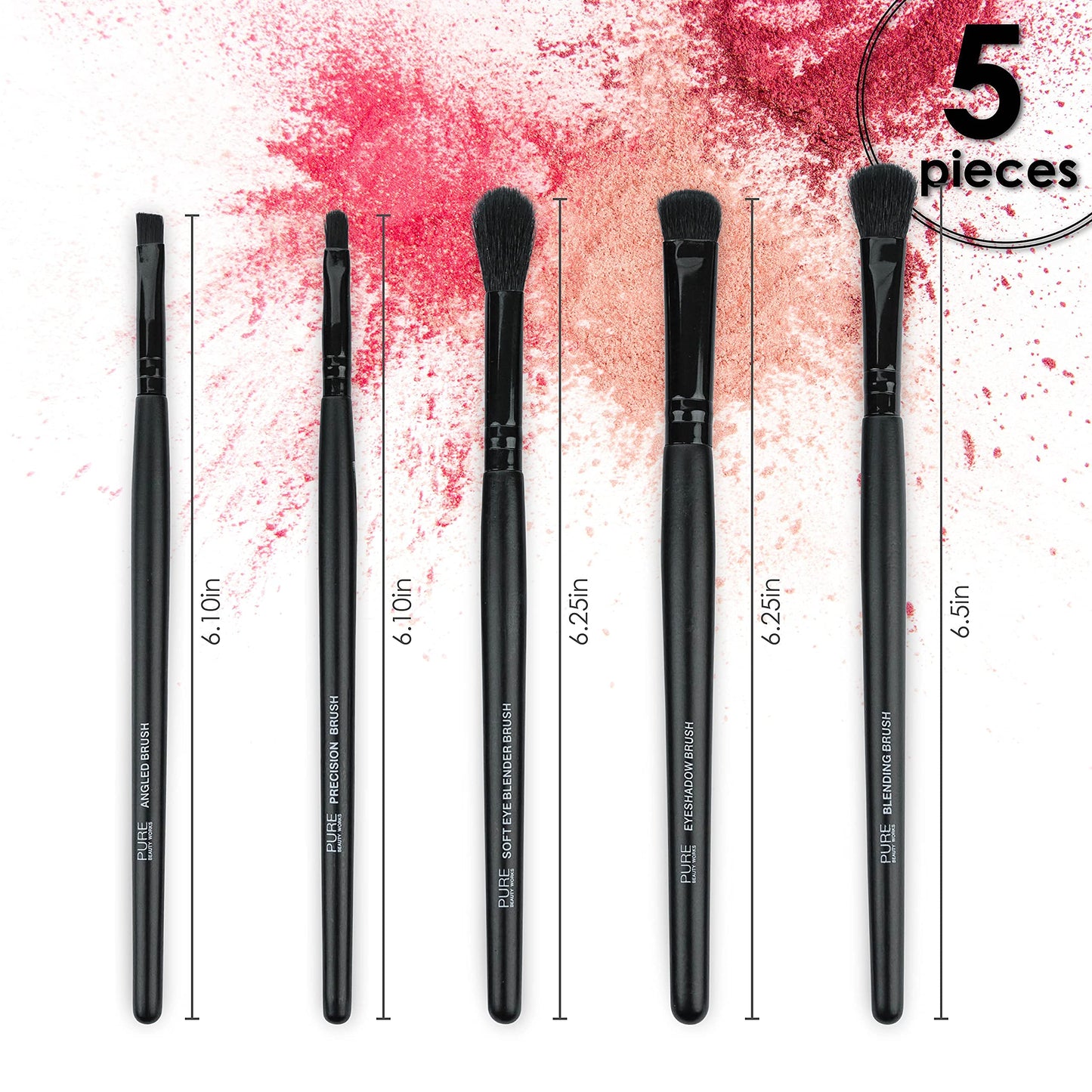 Pure Beauty Works Eye Am Beautiful 5pc Eye Brush Kit - Synthetic Bristles - Blending, Eyeshadow, Precision, Soft Blending, Angled - Makeup Brush Set