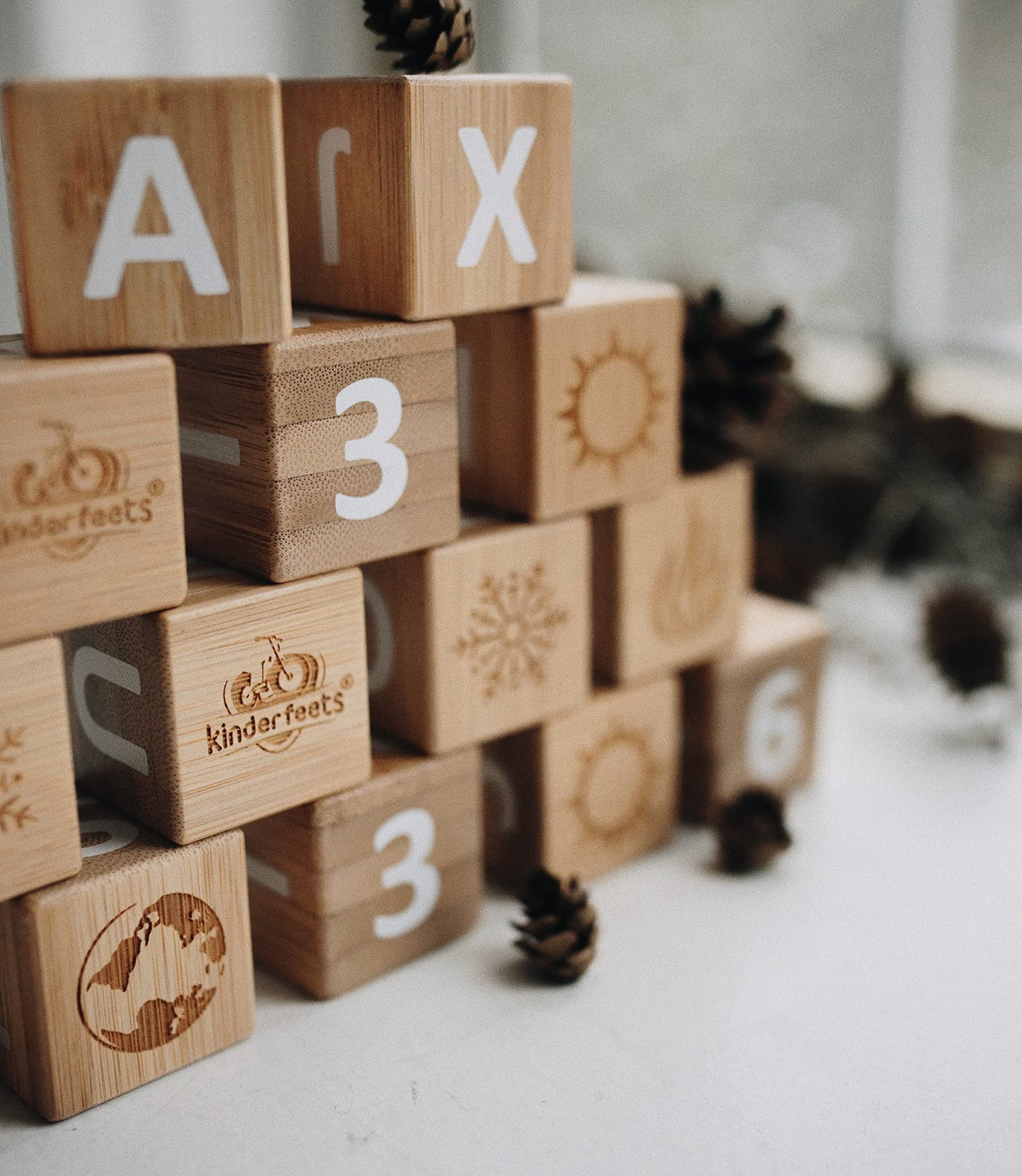 Kinderfeets Bamboo ABC Blocks 18pc – Educational Build & Stack Toy with Letters, Numbers & Symbols for Toddlers 12mo+