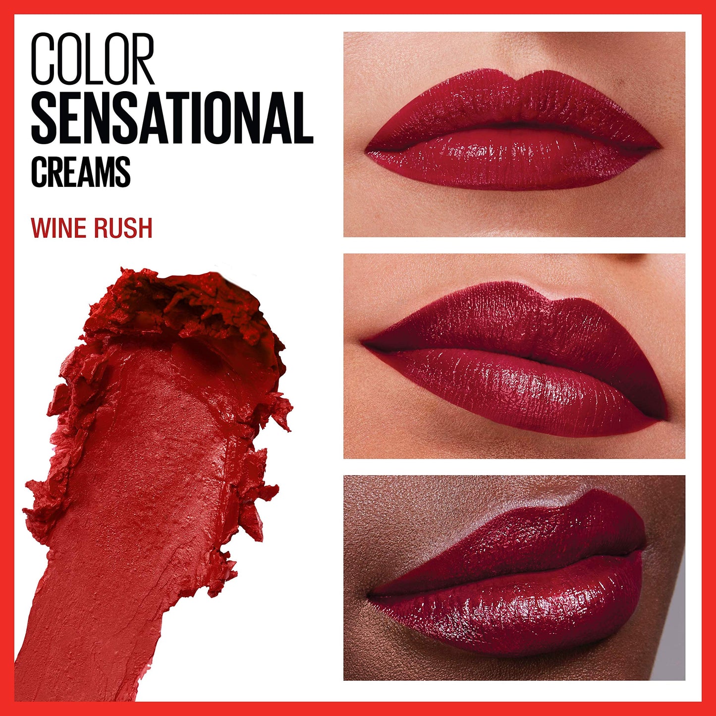 Maybelline Color Sensational Lipstick, Lip Makeup, Cream Finish, Hydrating Lipstick, Nude, Pink, Red, Plum Lip Color, Wine Rush, 0.15 oz; (Packaging