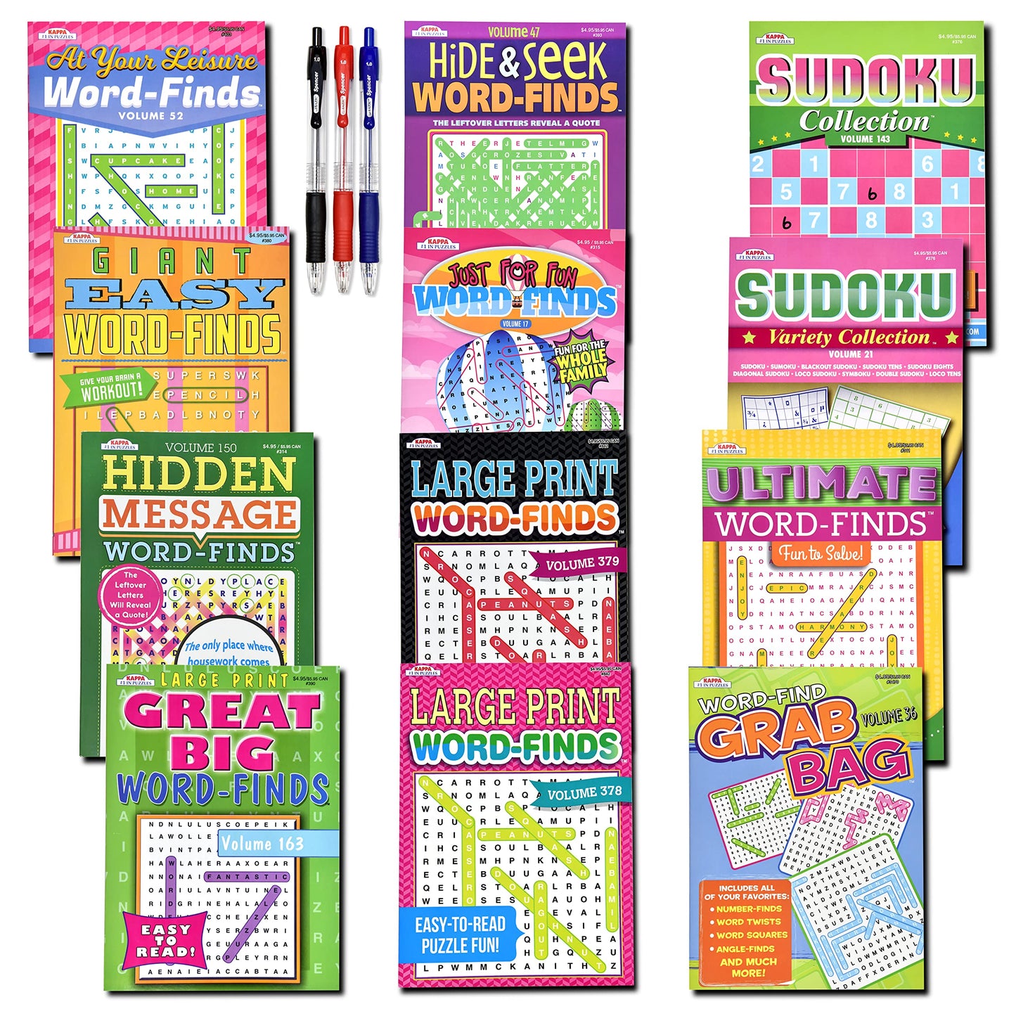 12-Pack Puzzle Books – 950+ Sudoku & Large Print Word Search for Adults & Seniors, Brain Stimulation Variety Pack, 8x10 Paperback
