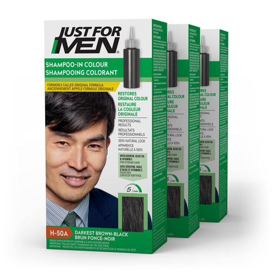 Just For Men Shampoo-In Color (Formerly Original Formula), Mens Hair Color with Keratin and Vitamin E for Stronger Hair - Darkest Brown-Black, H-50A