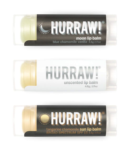 Hurraw! Moon Night Treatment, Unscented, Sun (Zinc Oxide SPF15) Lip Balms, 3 Pack Bundle: Organic, Certified Vegan, Cruelty & Gluten Free. Non-GMO