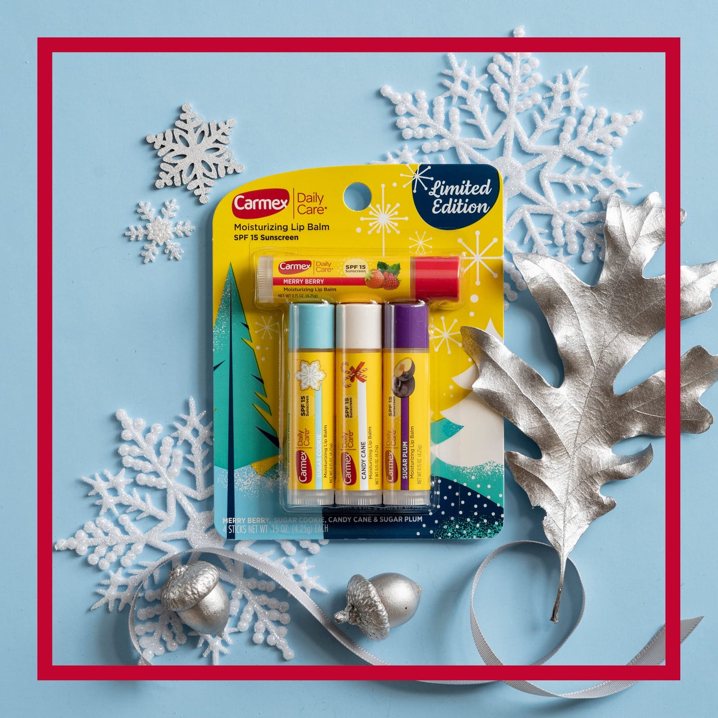Carmex Daily Care Moisturizing Lip Balm Limited Edition Holiday Stick Pack in Sugar Plum, Candy Cane, Sugar Cookie and Merry Berry - 0.15 OZ each, 4